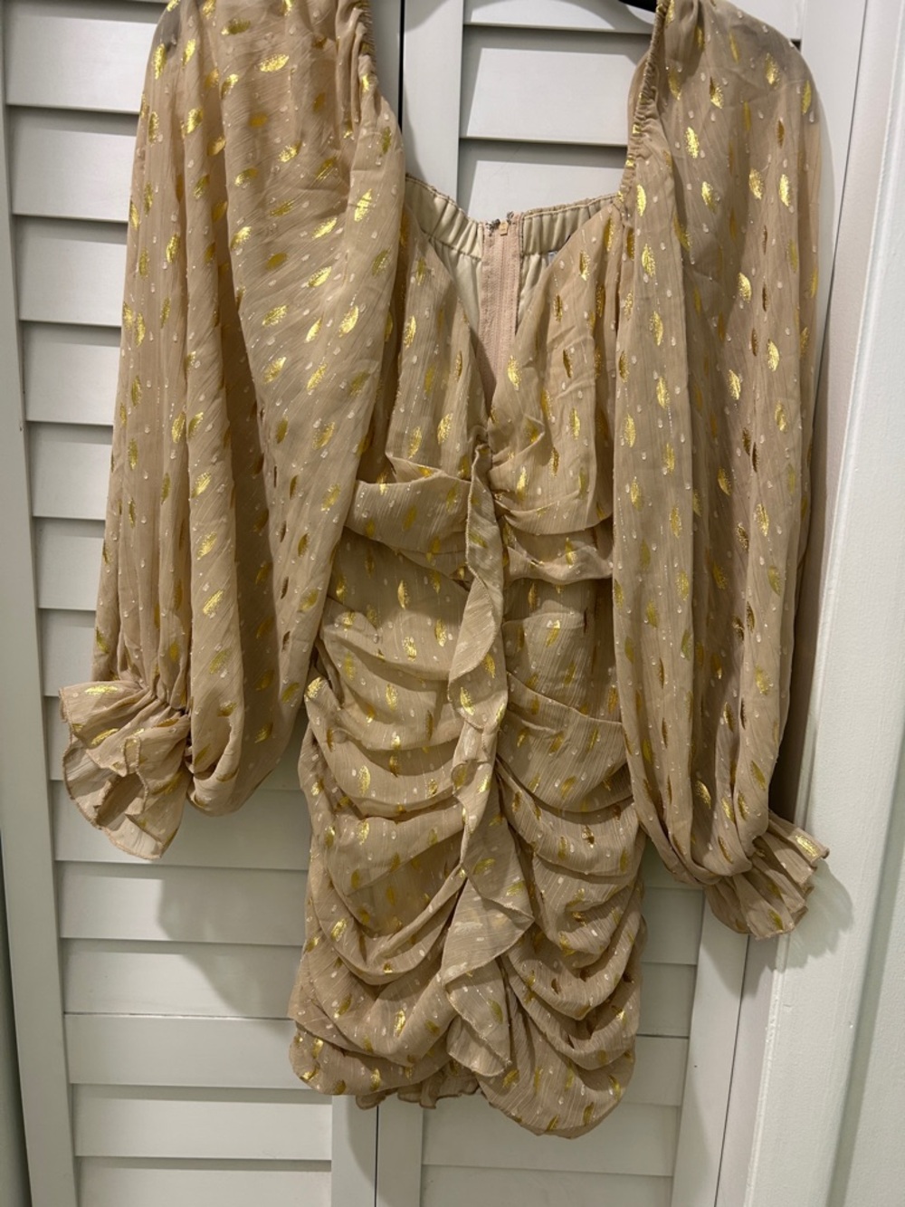 Gold Dot Beige Ruched Mini Dress
